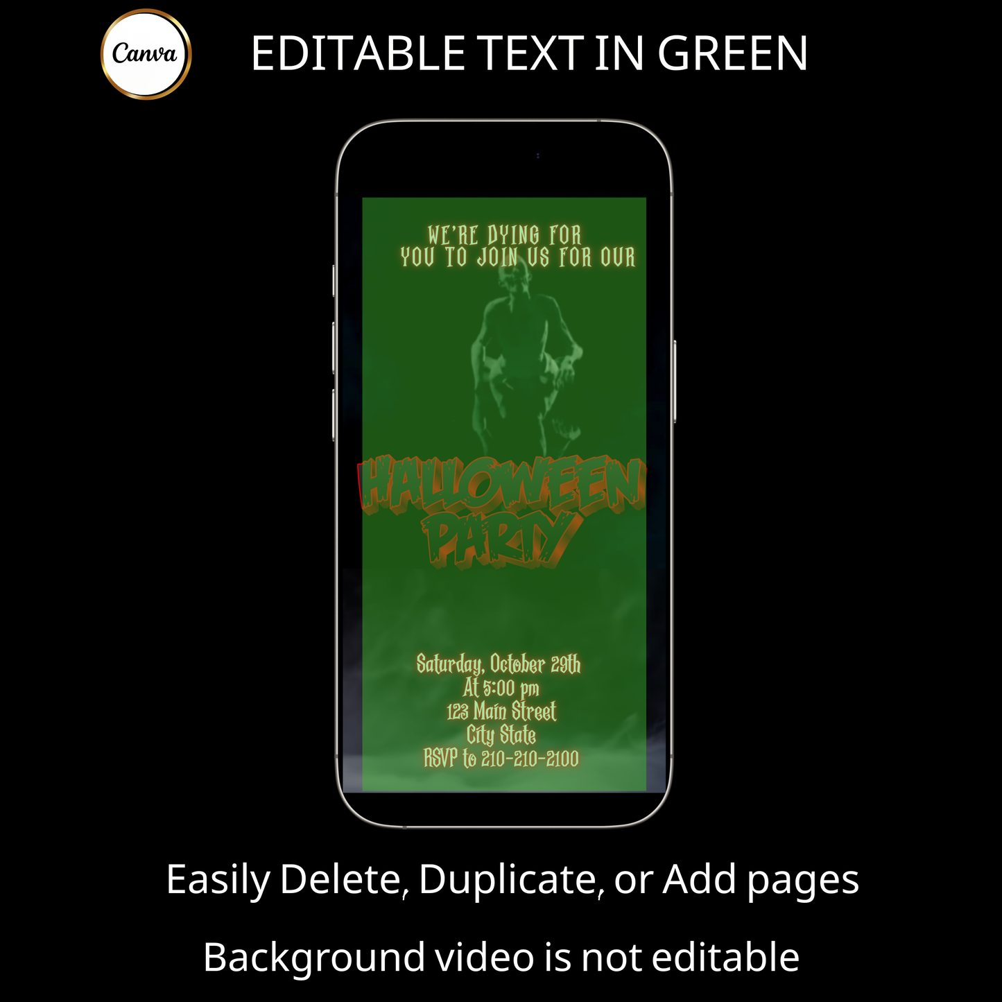 Halloween-Videoeinladung, animierte Zombie-Einladung, bearbeitbare mobile Einladung zur Halloween-Party