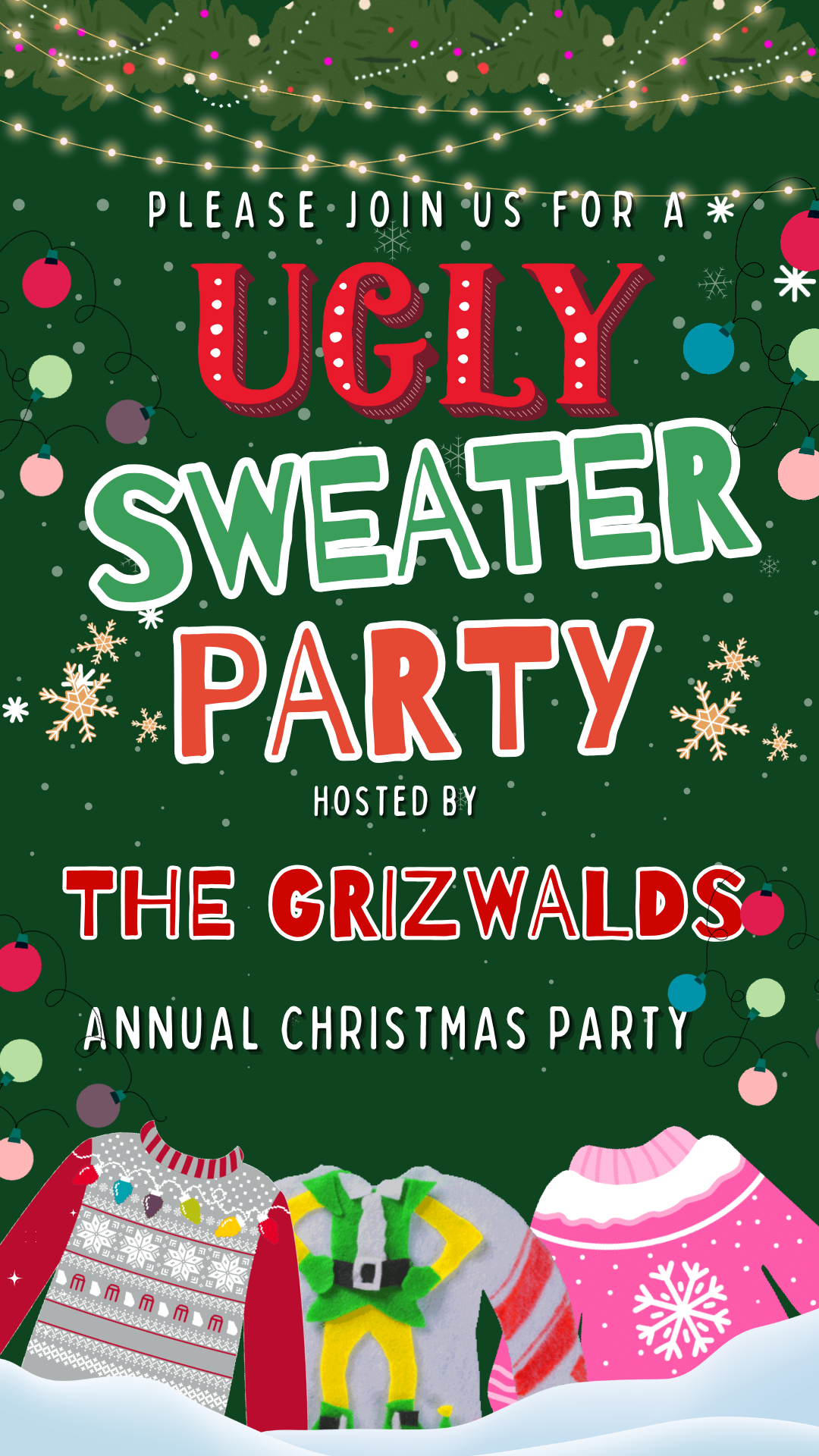 Customizable festive ugly sweater video invitation