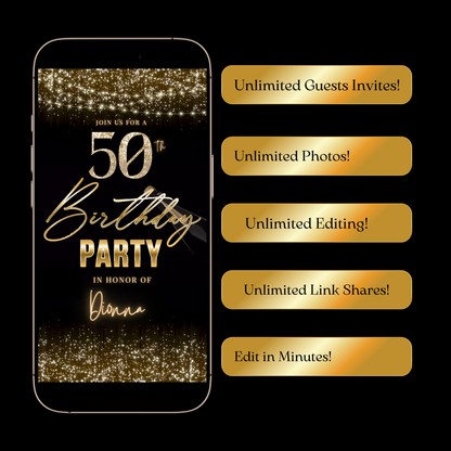 Videoeinladung zum 50. Geburtstag | Elegante digitale Champagner-Einladung (animiert) | Bearbeitbare Canva-Vorlage