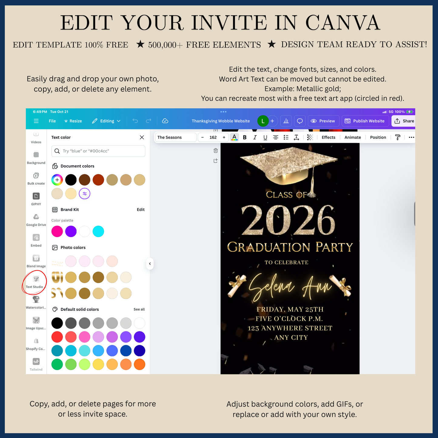 Graduation Party Video Invitation | Digital Gold Graduate Invite | Editable Canva Template