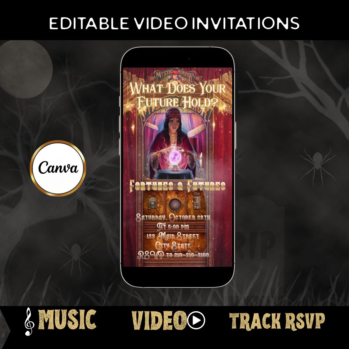 Halloween Video Invitation, Tarot Fortune Teller Animated Invite, Editable Halloween Party Mobile Evite