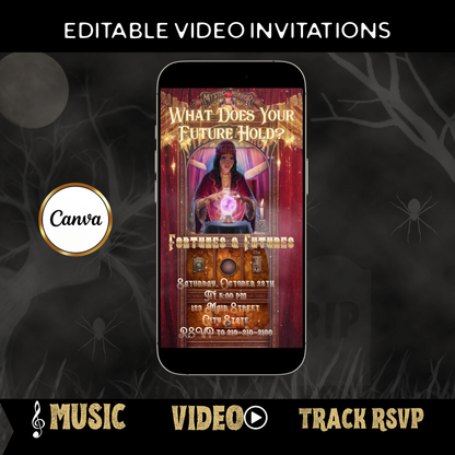 Halloween Video Invitation, Tarot Fortune Teller Animated Invite, Editable Halloween Party Mobile Evite