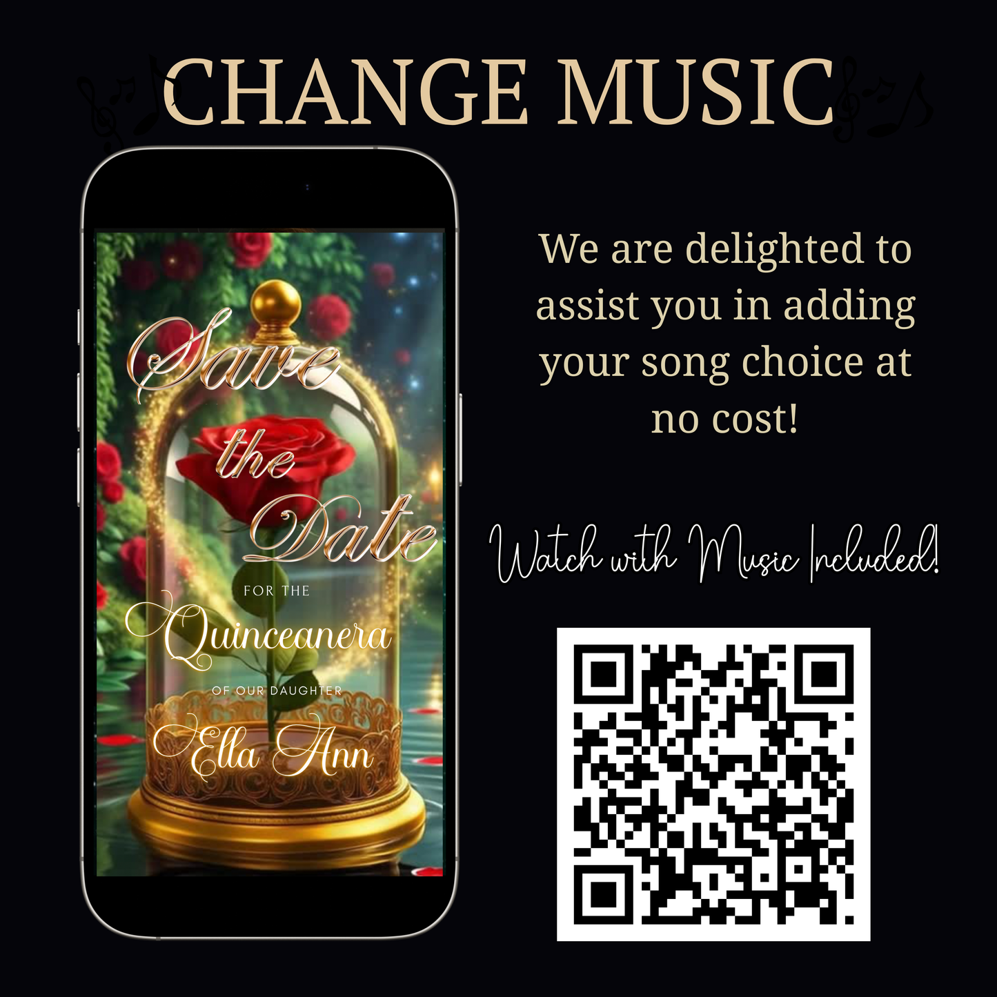 Beauty and the Beast Red Rose Video Invite | Digital Princess Quinceanera Invite | Editable Canva Evite Template