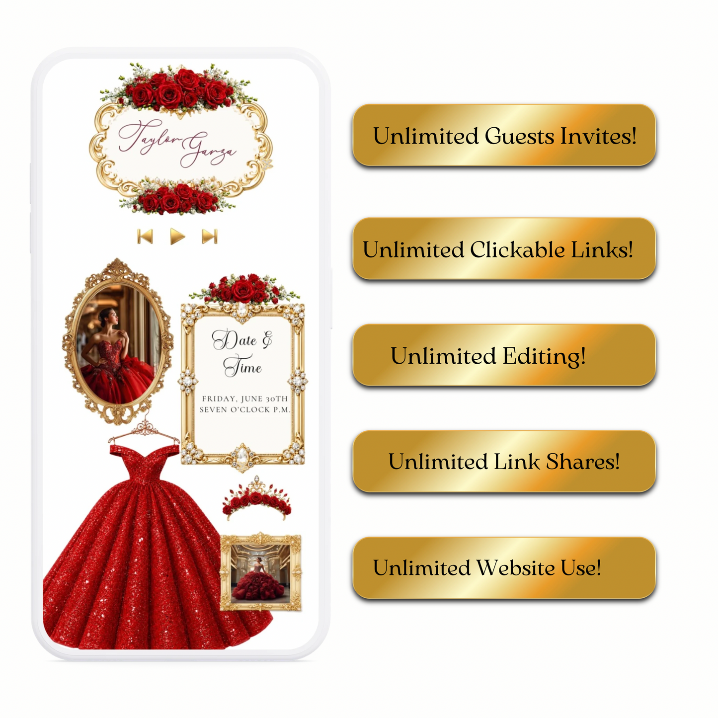 Red and Gold Quinceanera Website Invitation with RSVP tracking