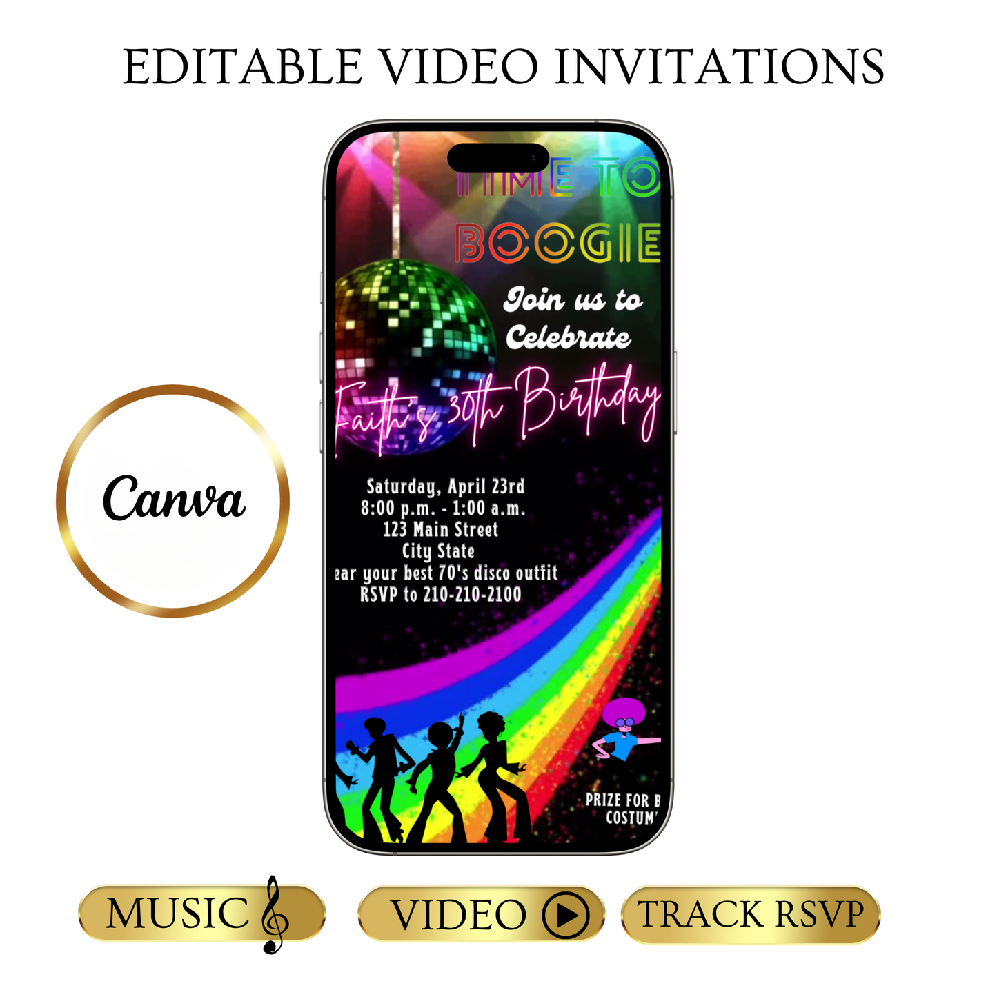 Einladung zur Regenbogen-Disco, bearbeitbare Video-Einladung mit Discokugel