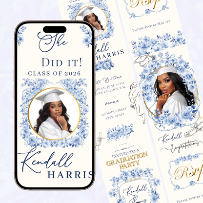 Graduation Party Video Invitation | Floral Graduation Invite for Her | Editable Online RSVP Evite Canva Template