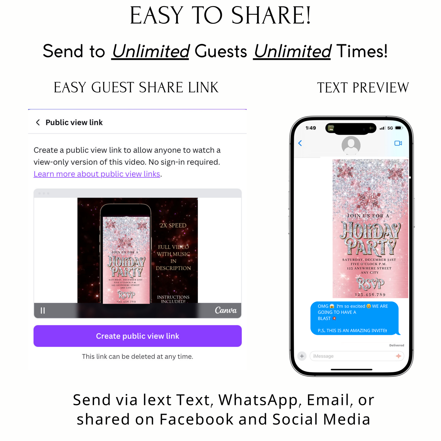 Christmas Party Video Invitation | Animated Pink Holiday Party Digital Evite | Editable Canva Invite Template
