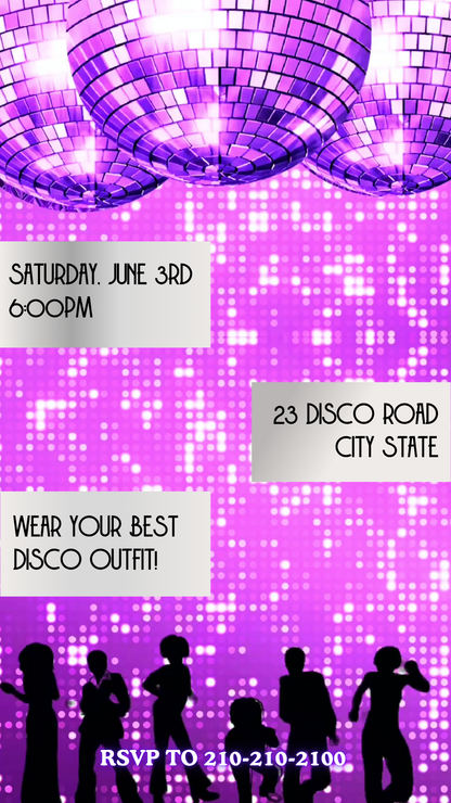 Animated purple disco video invitation ball theme