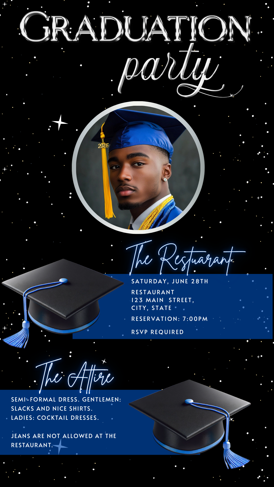 He Did It Graduation Ceremony Video Invitation – Blue & Silver Theme Canva Editable