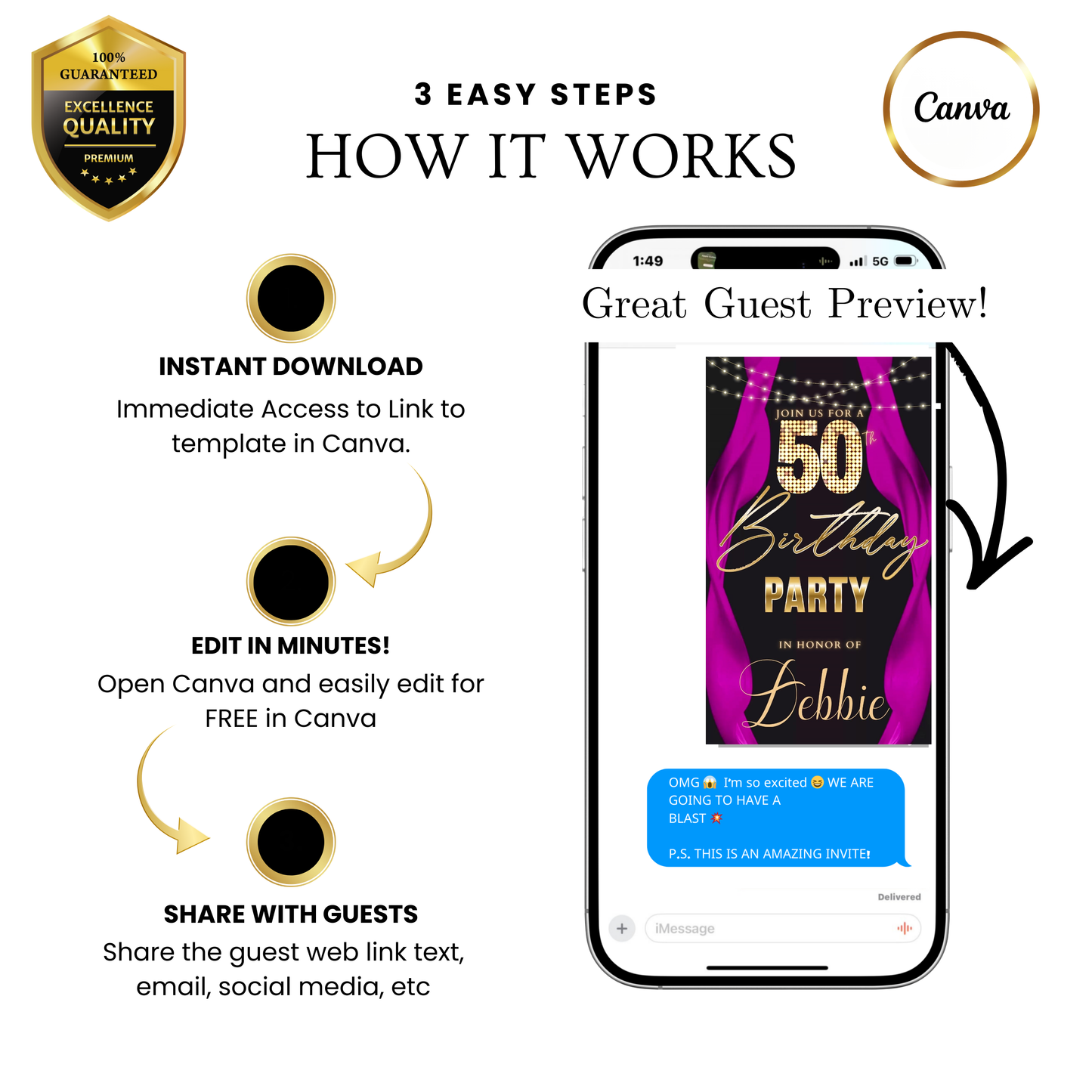 Editable pink curtain 50th birthday video invitation displayed on a mobile phone, featuring an animated vertical digital invite with music, created in Canva. This premium video invitation template is designed for sharing by text, email, and social media and works with an interactive RSVP website for easy guest response tracking.