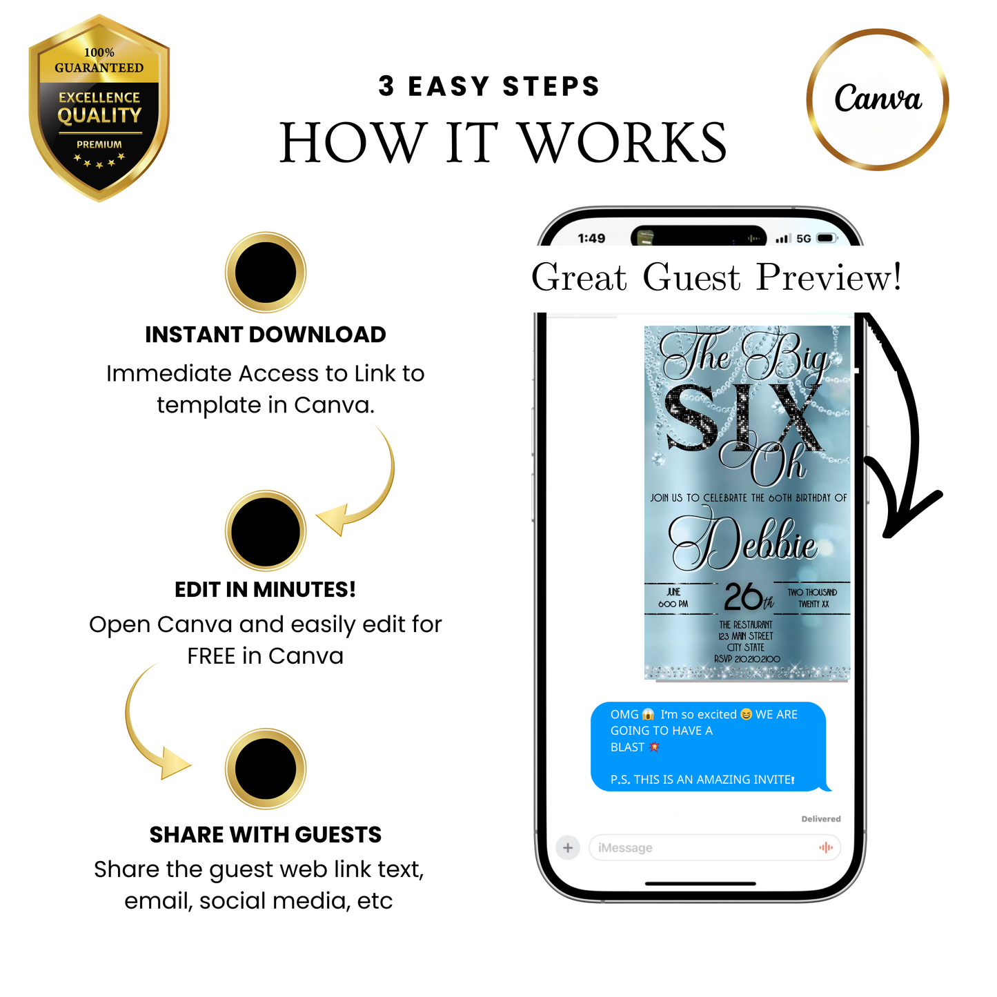 Editable baby blue elegant 60th birthday video invitation displayed on a mobile phone, featuring an animated vertical digital invite with music, created in Canva. This premium video invitation template is designed for sharing by text, email, and social media and works with an interactive RSVP website for easy guest response tracking.