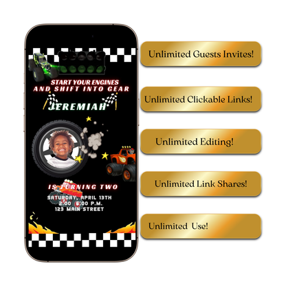 Editable monster truck race birthday birthday video invitation displayed on a mobile phone, featuring an animated vertical digital invite with music, created in Canva. This premium video invitation template is designed for sharing by text, email, and social media and works with an interactive RSVP website for easy guest response tracking.
