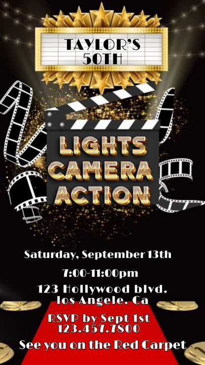 Animated Hollywood Red Carpet Birthday Video Invitation