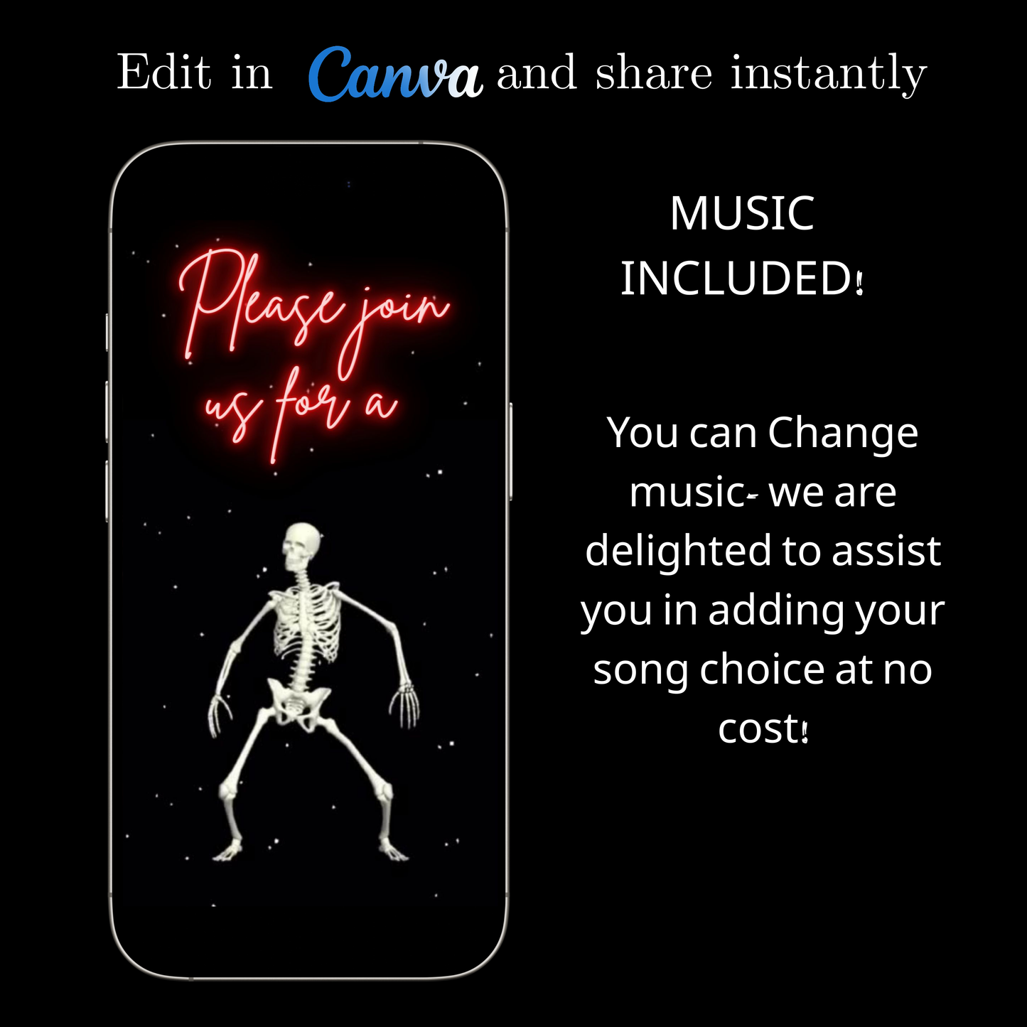 Editable neon skeleton halloween costume party party video invitation displayed on a mobile phone, featuring an animated vertical digital invite with music, created in Canva. This premium video invitation template is designed for sharing by text, email, and social media and works with an interactive RSVP website for easy guest response tracking.