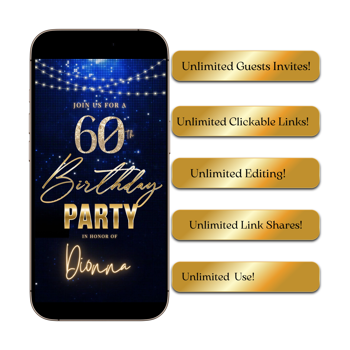 Editable royal blue gold elegant 60th birthday birthday video invitation displayed on a mobile phone, featuring an animated vertical digital invite with music, created in Canva. This premium video invitation template is designed for sharing by text, email, and social media and works with an interactive RSVP website for easy guest response tracking.