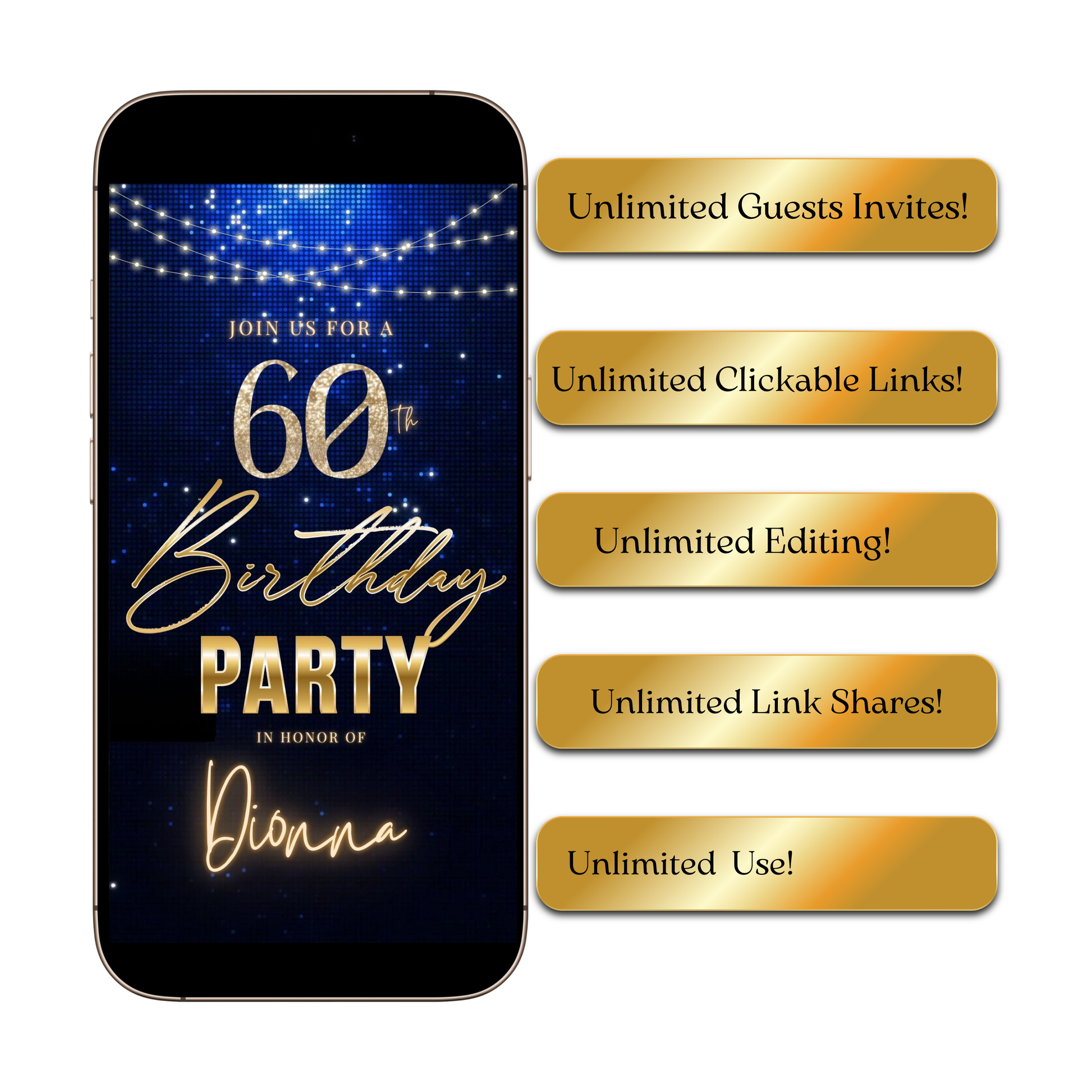 Editable royal blue gold elegant 60th birthday birthday video invitation displayed on a mobile phone, featuring an animated vertical digital invite with music, created in Canva. This premium video invitation template is designed for sharing by text, email, and social media and works with an interactive RSVP website for easy guest response tracking.