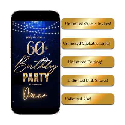 Editable royal blue gold elegant 60th birthday birthday video invitation displayed on a mobile phone, featuring an animated vertical digital invite with music, created in Canva. This premium video invitation template is designed for sharing by text, email, and social media and works with an interactive RSVP website for easy guest response tracking.