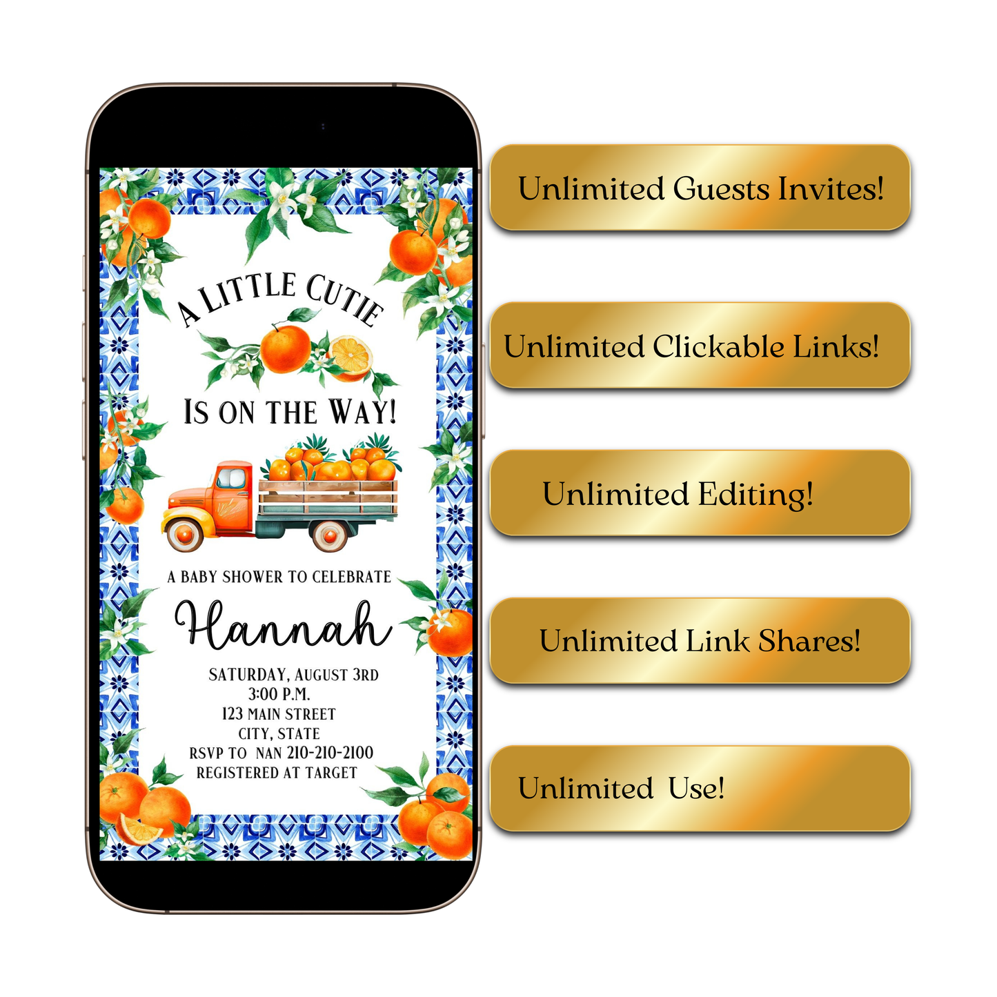 Editable little cutie lemon baby shower baby shower video invitation displayed on a mobile phone, featuring an animated vertical digital invite with music, created in Canva. This premium video invitation template is designed for sharing by text, email, and social media and works with an interactive RSVP website for easy guest response tracking.