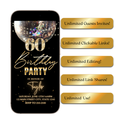 Editable black gold disco 60th birthday birthday video invitation displayed on a mobile phone, featuring an animated vertical digital invite with music, created in Canva. This premium video invitation template is designed for sharing by text, email, and social media and works with an interactive RSVP website for easy guest response tracking.