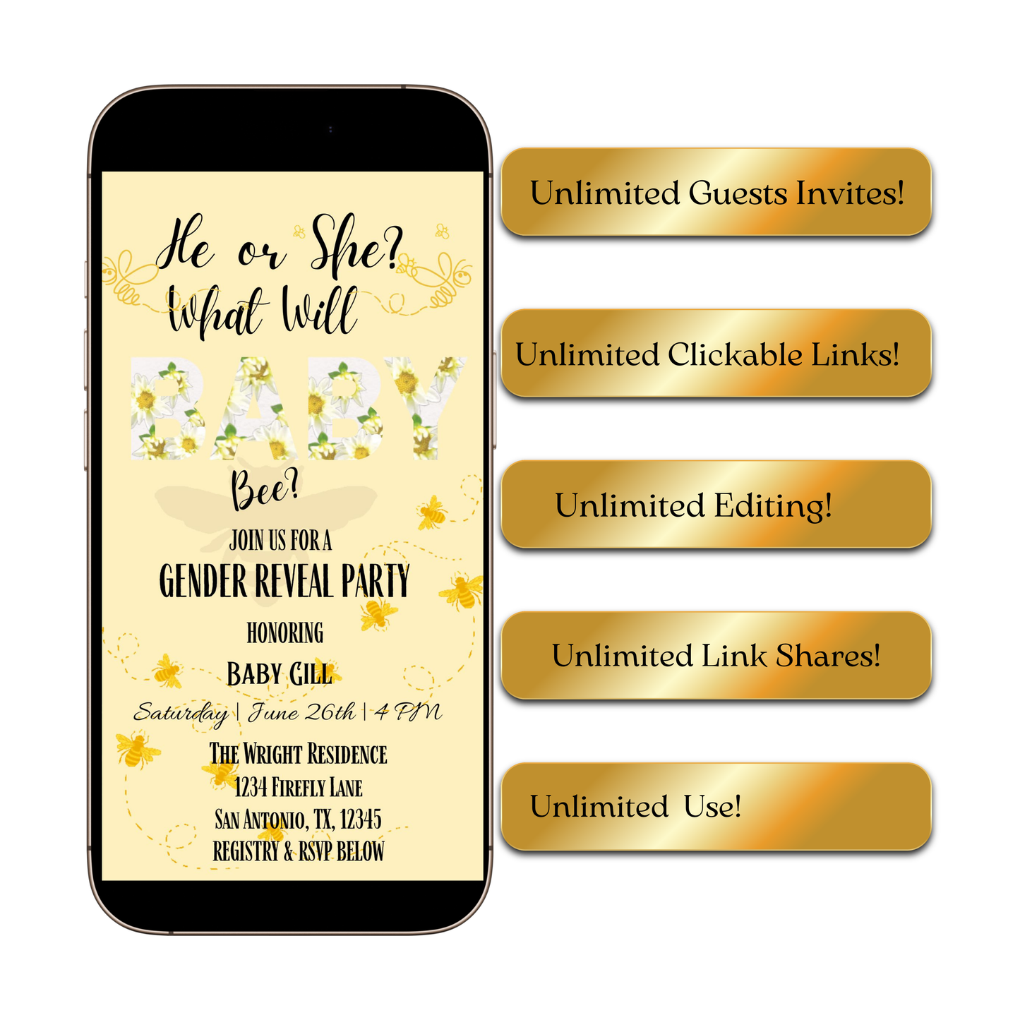 Editable bee gender reveal party party video invitation displayed on a mobile phone, featuring an animated vertical digital invite with music, created in Canva. This premium video invitation template is designed for sharing by text, email, and social media and works with an interactive RSVP website for easy guest response tracking.