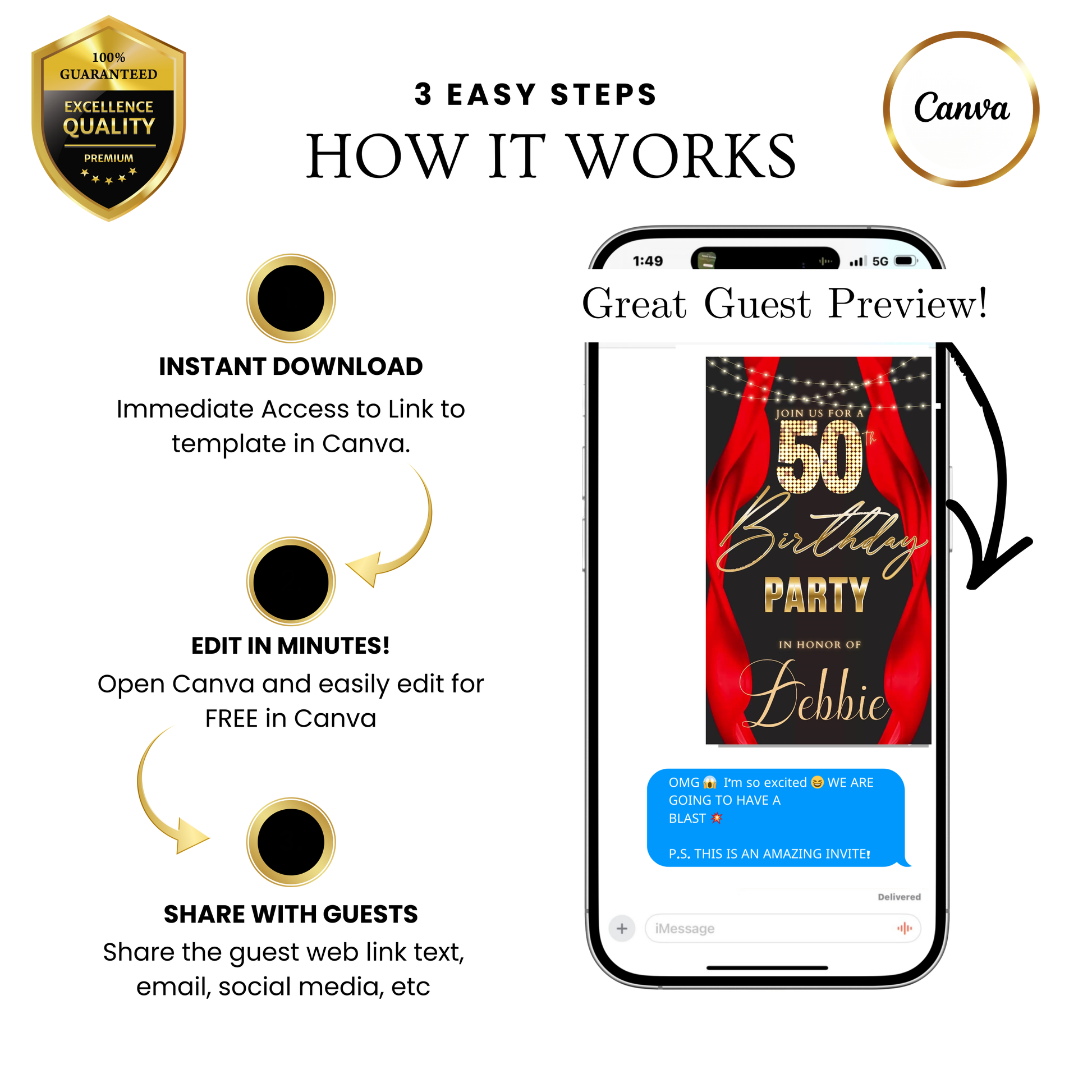 Editable red curtain 50th birthday party video invitation displayed on a mobile phone, featuring an animated vertical digital invite with music, created in Canva. This premium video invitation template is designed for sharing by text, email, and social media and works with an interactive RSVP website for easy guest response tracking.