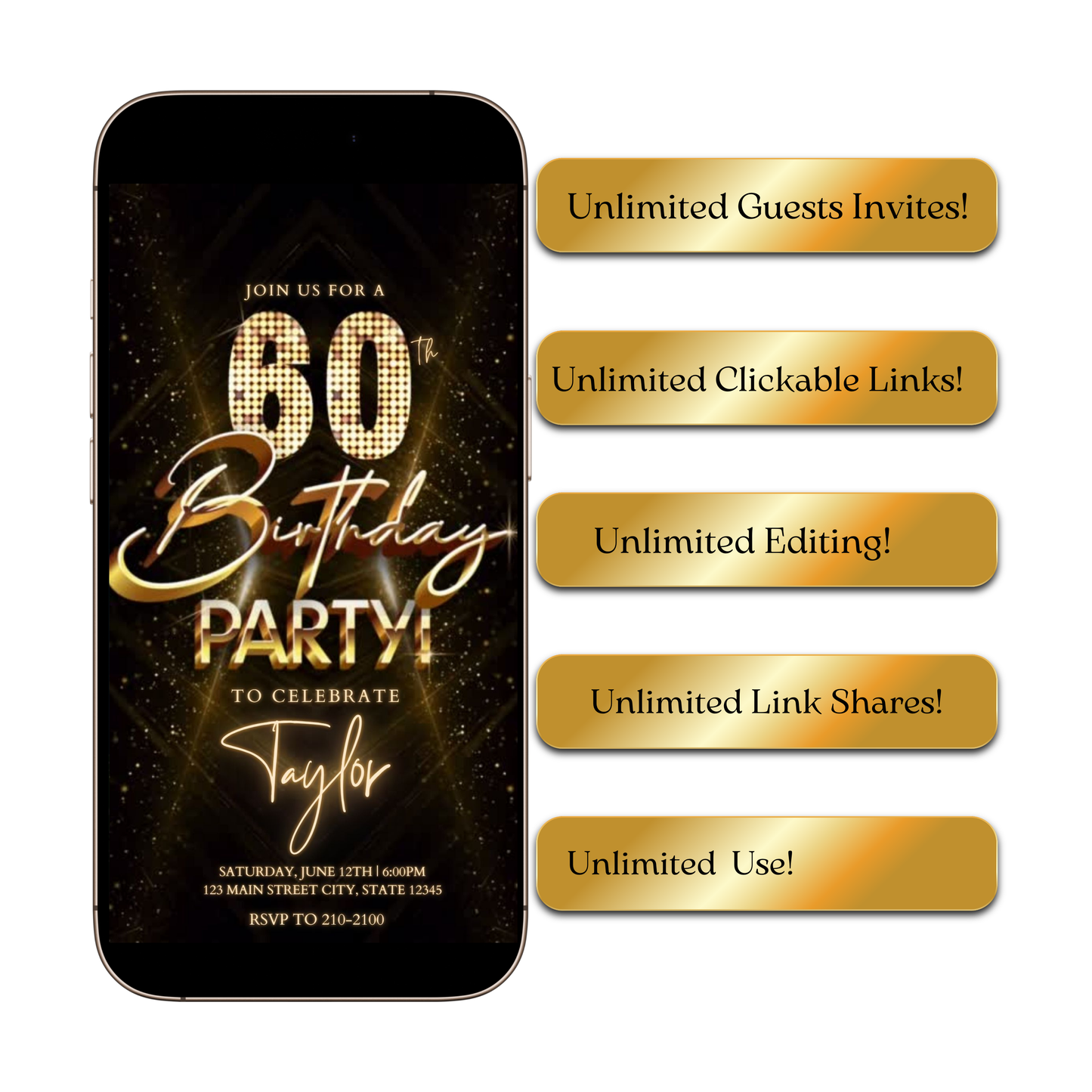 Editable luxury gold spotlight 60th birthday birthday video invitation displayed on a mobile phone, featuring an animated vertical digital invite with music, created in Canva. This premium video invitation template is designed for sharing by text, email, and social media and works with an interactive RSVP website for easy guest response tracking.