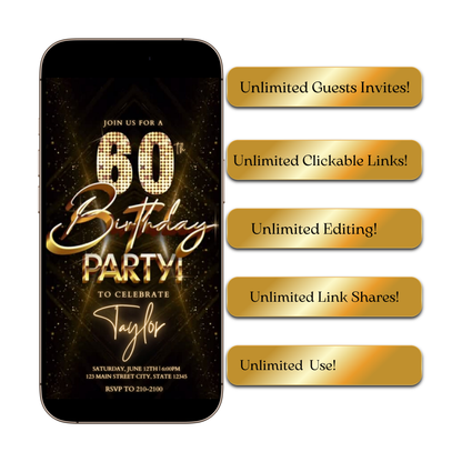 Editable luxury gold spotlight 60th birthday birthday video invitation displayed on a mobile phone, featuring an animated vertical digital invite with music, created in Canva. This premium video invitation template is designed for sharing by text, email, and social media and works with an interactive RSVP website for easy guest response tracking.