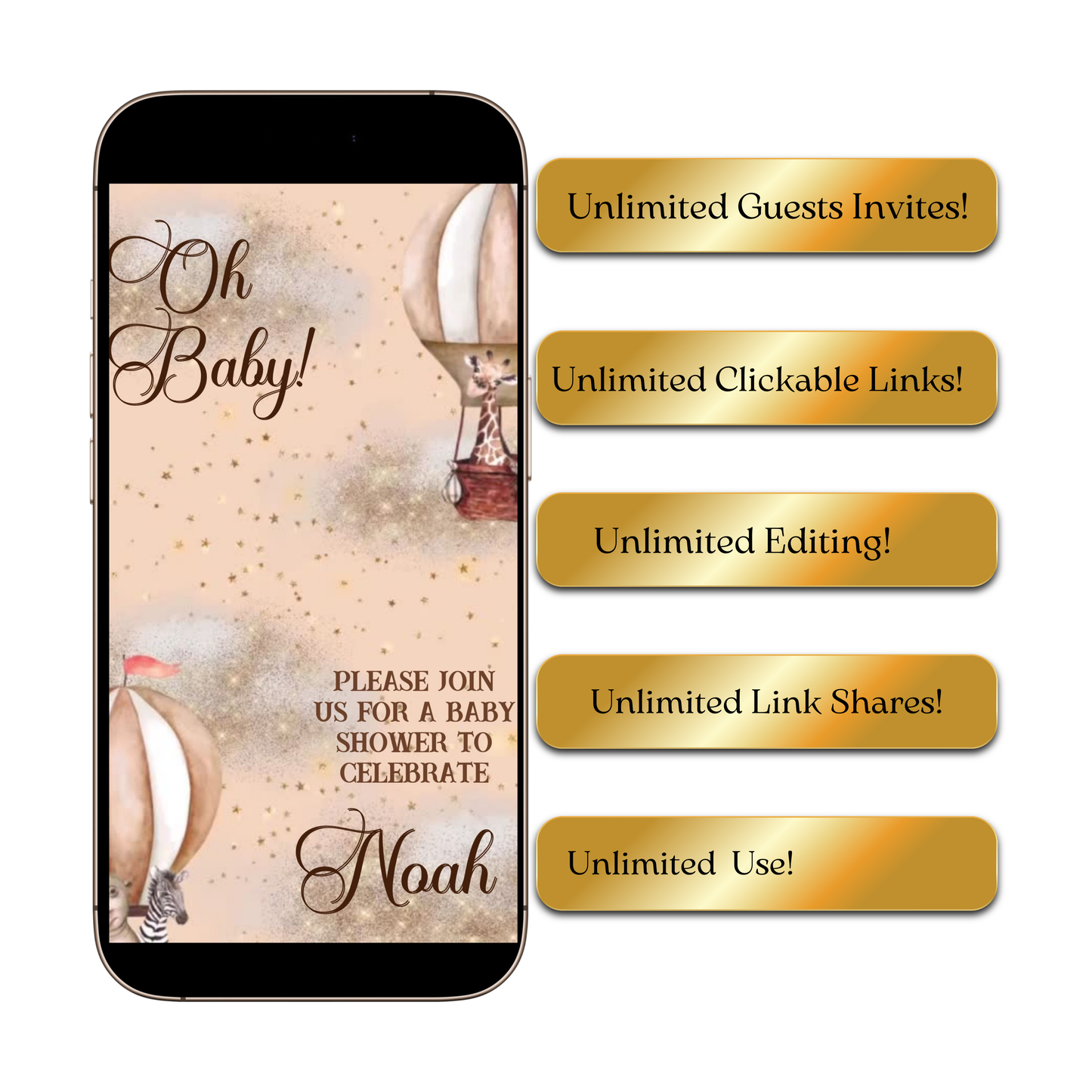 Editable noah’s ark baby shower baby shower video invitation displayed on a mobile phone, featuring an animated vertical digital invite with music, created in Canva. This premium video invitation template is designed for sharing by text, email, and social media and works with an interactive RSVP website for easy guest response tracking.