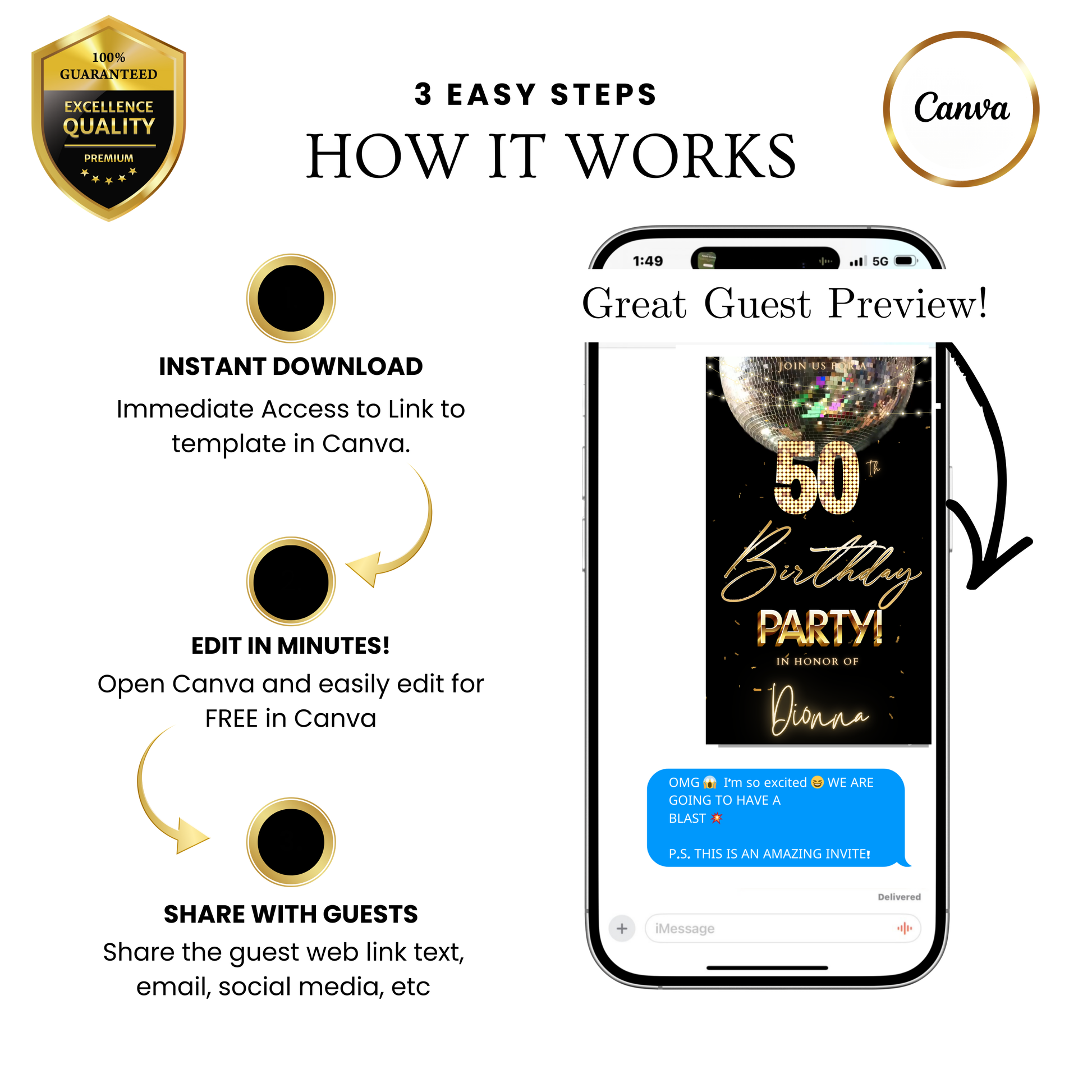 Editable silver disco ball 50th birthday video invitation displayed on a mobile phone, featuring an animated vertical digital invite with music, created in Canva. This premium video invitation template is designed for sharing by text, email, and social media and works with an interactive RSVP website for easy guest response tracking.