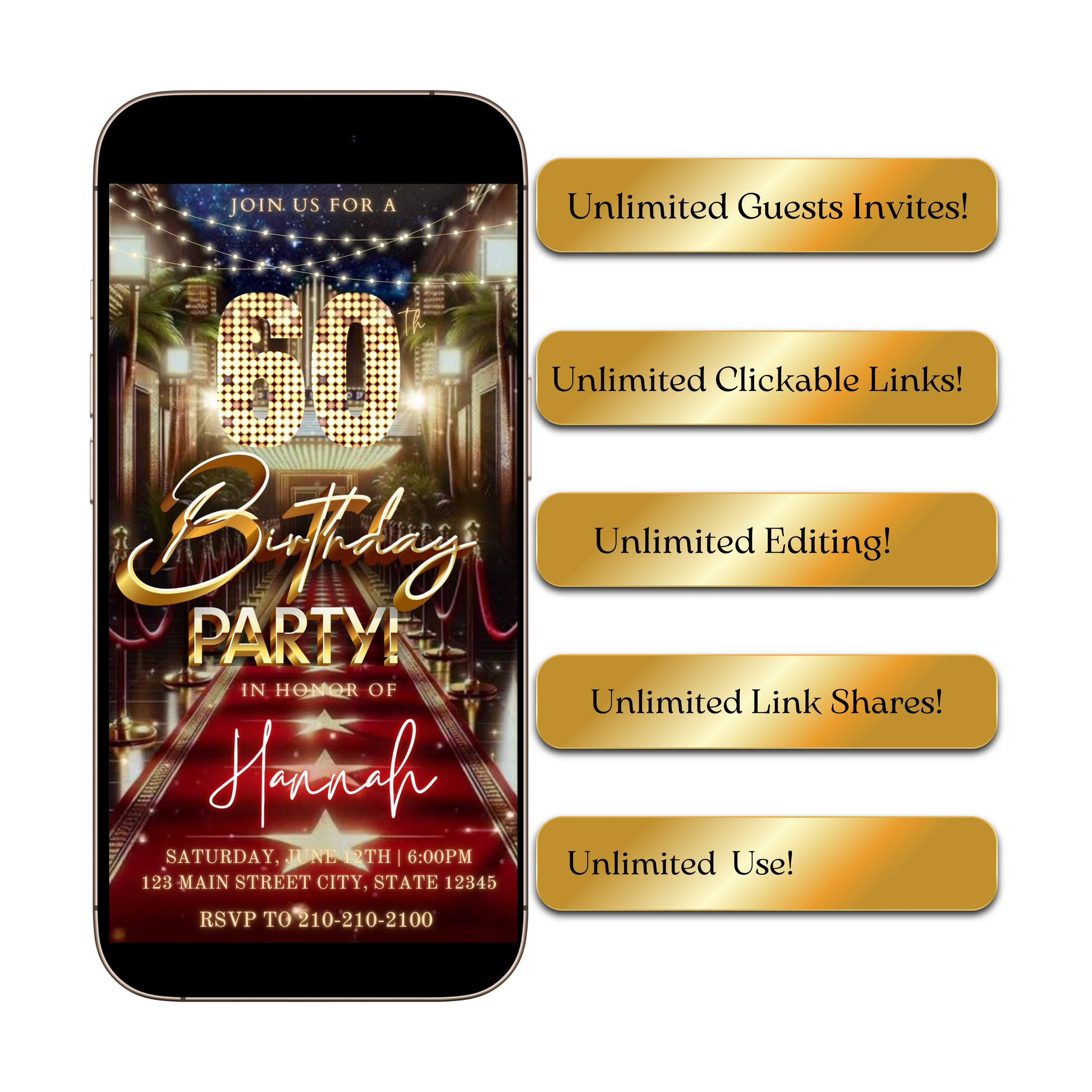 Editable hollywood red carpet 60th birthday birthday video invitation displayed on a mobile phone, featuring an animated vertical digital invite with music, created in Canva. This premium video invitation template is designed for sharing by text, email, and social media and works with an interactive RSVP website for easy guest response tracking.