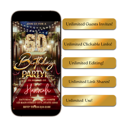 Editable hollywood red carpet 60th birthday birthday video invitation displayed on a mobile phone, featuring an animated vertical digital invite with music, created in Canva. This premium video invitation template is designed for sharing by text, email, and social media and works with an interactive RSVP website for easy guest response tracking.