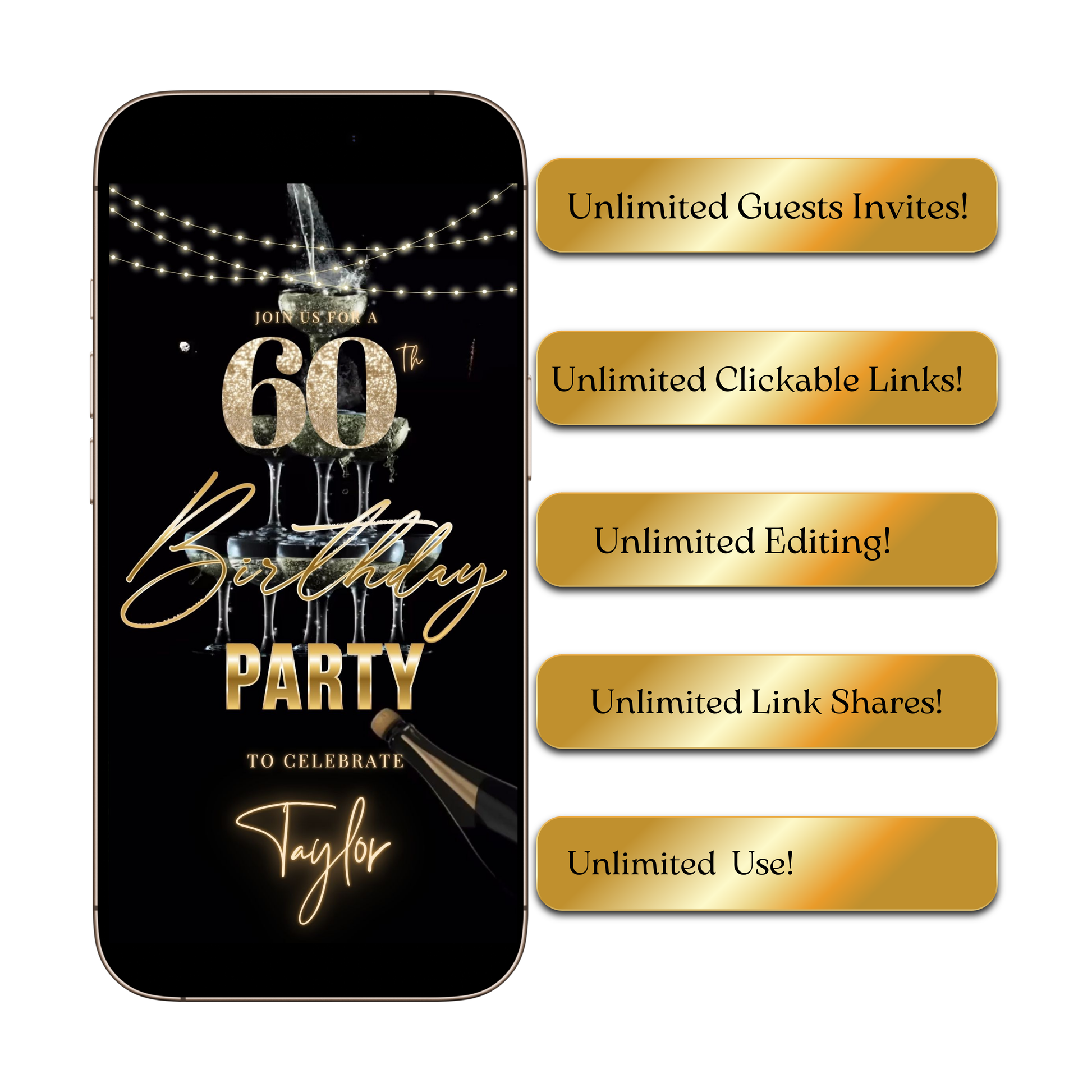 Editable black gold elegant 60th birthday birthday video invitation displayed on a mobile phone, featuring an animated vertical digital invite with music, created in Canva. This premium video invitation template is designed for sharing by text, email, and social media and works with an interactive RSVP website for easy guest response tracking.