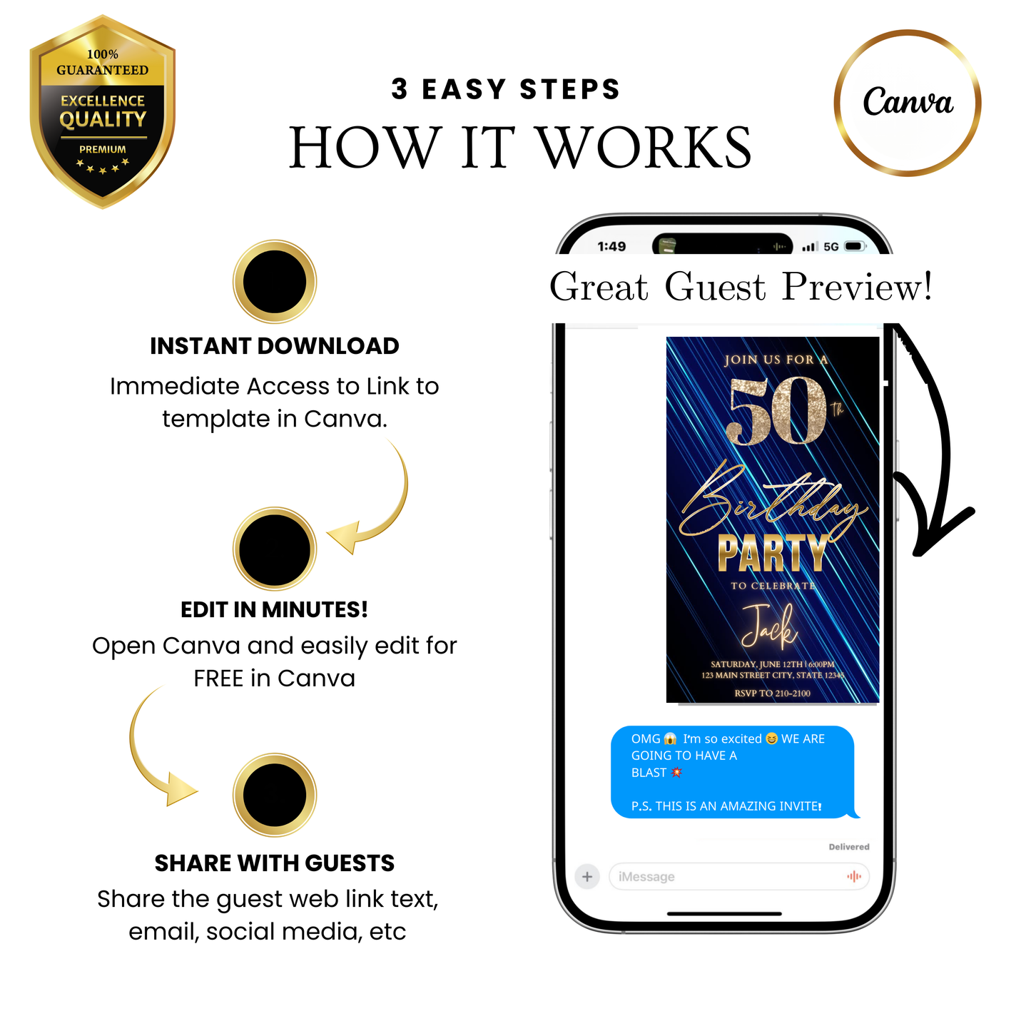 Editable navy blue gold luxury 50th birthday video invitation displayed on a mobile phone, featuring an animated vertical digital invite with music, created in Canva. This premium video invitation template is designed for sharing by text, email, and social media and works with an interactive RSVP website for easy guest response tracking.