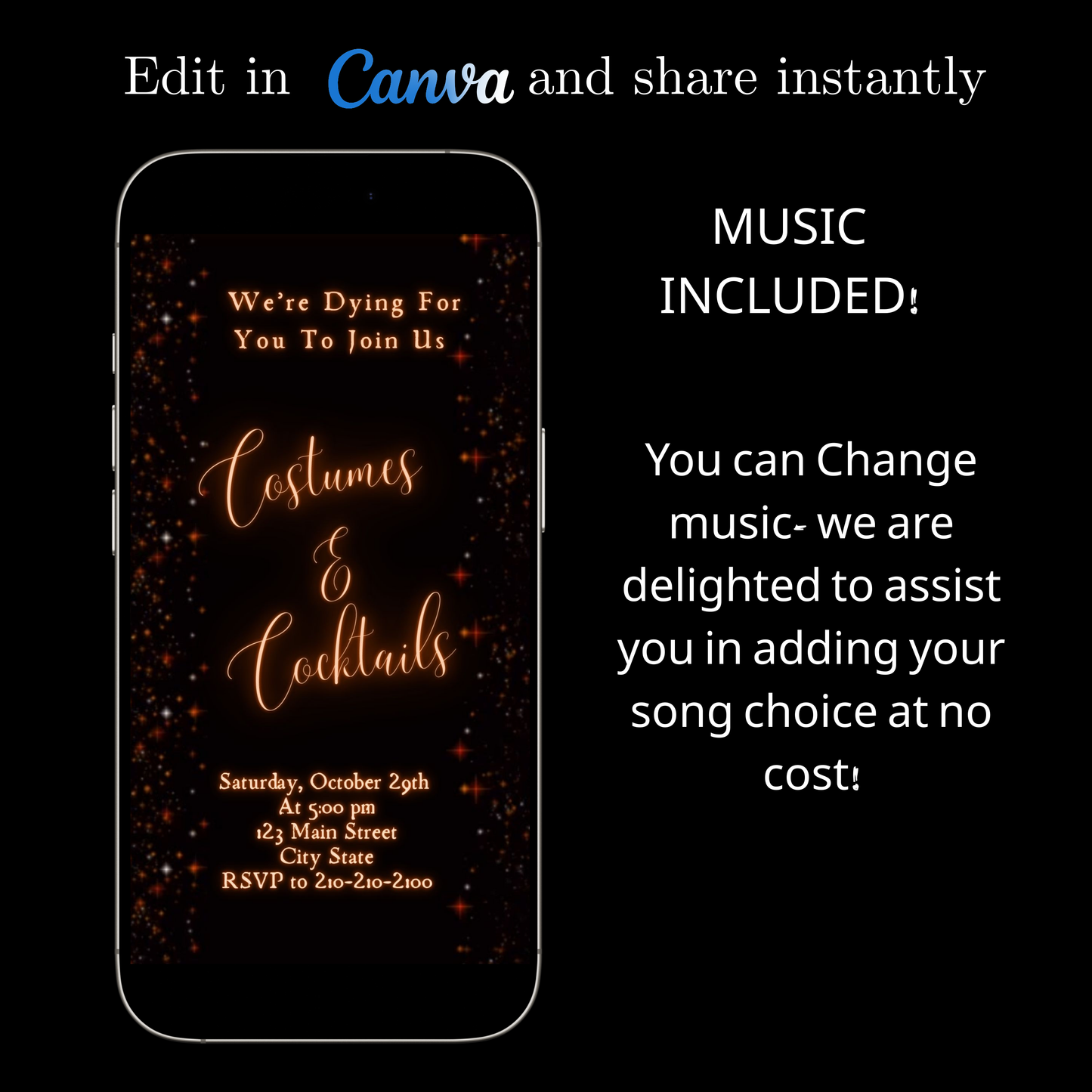 Editable sparkle halloween party party video invitation displayed on a mobile phone, featuring an animated vertical digital invite with music, created in Canva. This premium video invitation template is designed for sharing by text, email, and social media and works with an interactive RSVP website for easy guest response tracking.