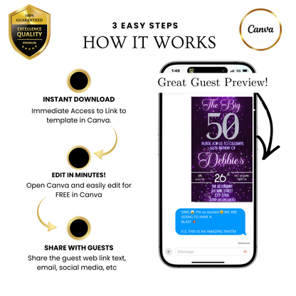 Editable purple glitter 50th birthday video invitation displayed on a mobile phone, featuring an animated vertical digital invite with music, created in Canva. This premium video invitation template is designed for sharing by text, email, and social media and works with an interactive RSVP website for easy guest response tracking.