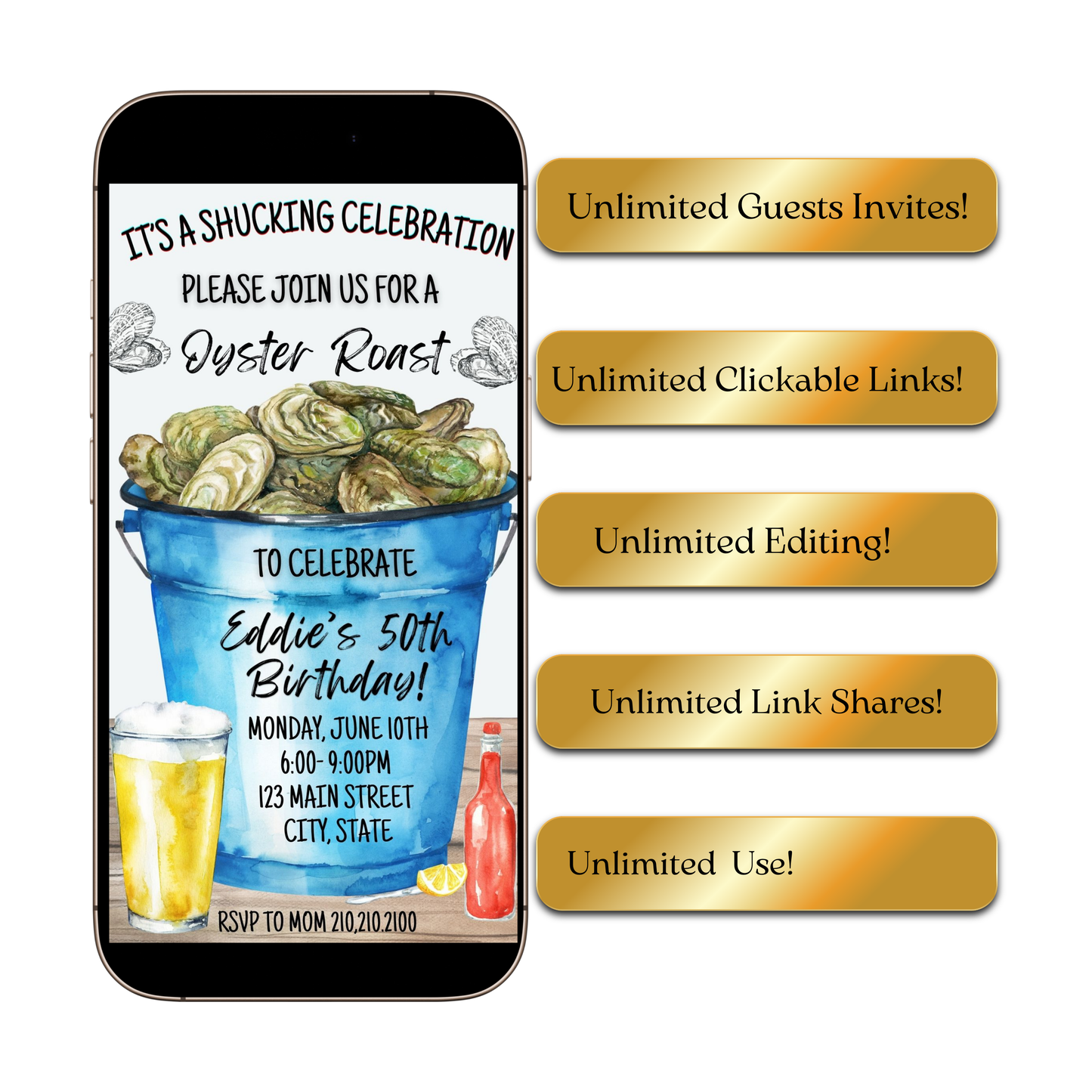 Editable oyster roast birthday party birthday video invitation displayed on a mobile phone, featuring an animated vertical digital invite with music, created in Canva. This premium video invitation template is designed for sharing by text, email, and social media and works with an interactive RSVP website for easy guest response tracking.