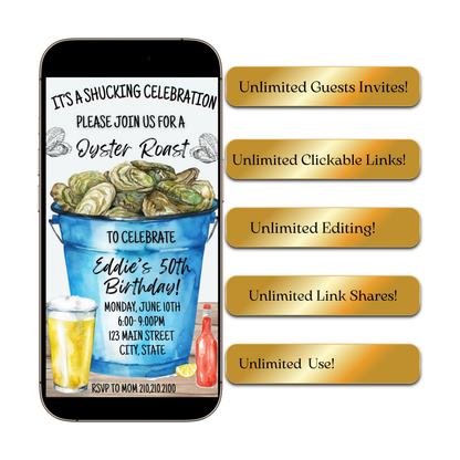 Editable oyster roast birthday party birthday video invitation displayed on a mobile phone, featuring an animated vertical digital invite with music, created in Canva. This premium video invitation template is designed for sharing by text, email, and social media and works with an interactive RSVP website for easy guest response tracking.