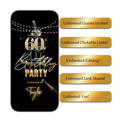 Editable luxury gold champagne 60th birthday birthday video invitation displayed on a mobile phone, featuring an animated vertical digital invite with music, created in Canva. This premium video invitation template is designed for sharing by text, email, and social media and works with an interactive RSVP website for easy guest response tracking.