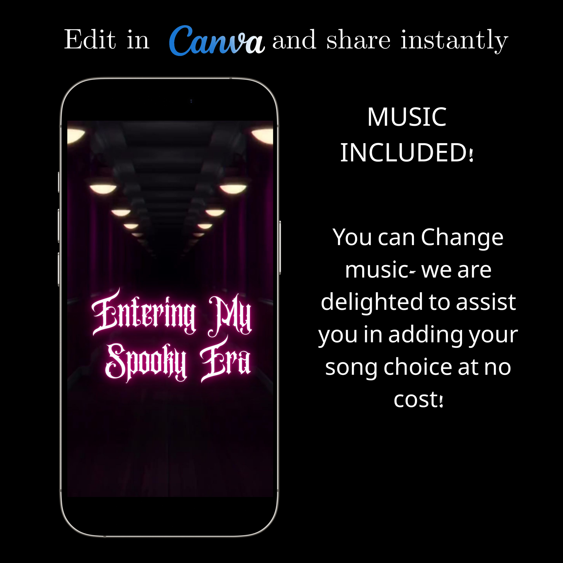 Editable halloween era party party video invitation displayed on a mobile phone, featuring an animated vertical digital invite with music, created in Canva. This premium video invitation template is designed for sharing by text, email, and social media and works with an interactive RSVP website for easy guest response tracking.