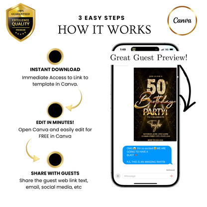 Editable gold glitter 50th birthday party video invitation displayed on a mobile phone, featuring an animated vertical digital invite with music, created in Canva. This premium video invitation template is designed for sharing by text, email, and social media and works with an interactive RSVP website for easy guest response tracking.