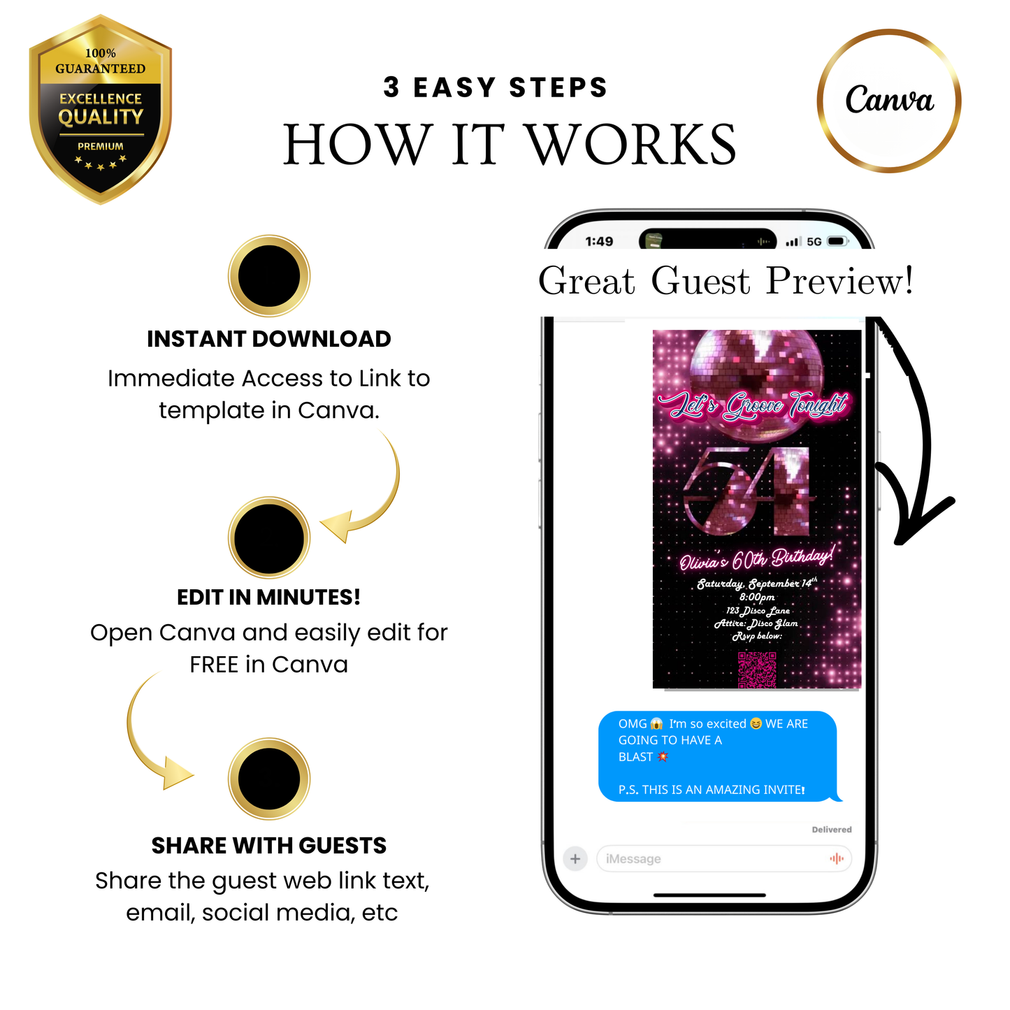 Editable pink disco studio 54th birthday video invitation displayed on a mobile phone, featuring an animated vertical digital invite with music, created in Canva. This premium video invitation template is designed for sharing by text, email, and social media and works with an interactive RSVP website for easy guest response tracking.