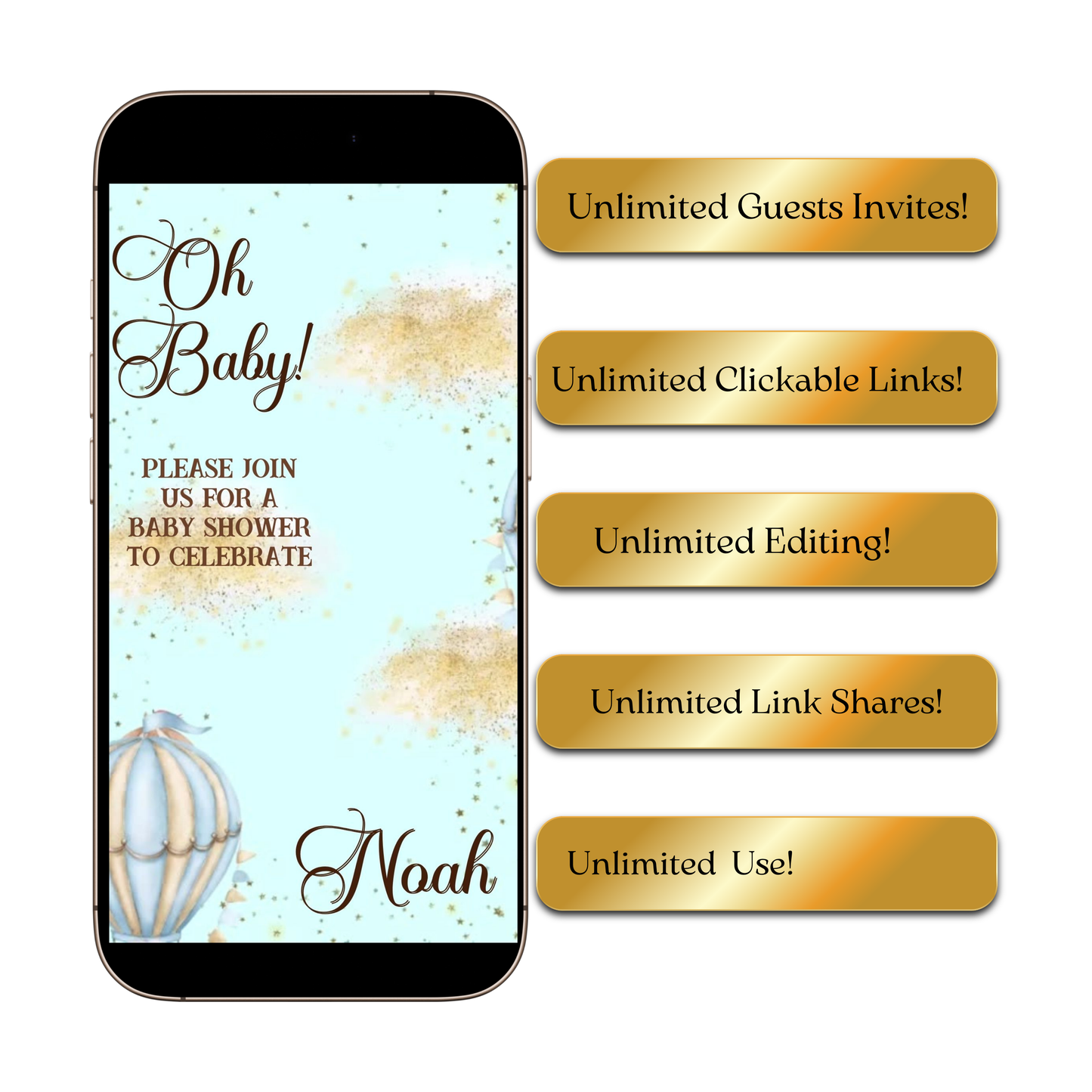 Editable blue hot air balloon boy baby shower baby shower video invitation displayed on a mobile phone, featuring an animated vertical digital invite with music, created in Canva. This premium video invitation template is designed for sharing by text, email, and social media and works with an interactive RSVP website for easy guest response tracking.
