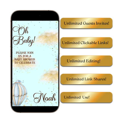Editable blue hot air balloon boy baby shower baby shower video invitation displayed on a mobile phone, featuring an animated vertical digital invite with music, created in Canva. This premium video invitation template is designed for sharing by text, email, and social media and works with an interactive RSVP website for easy guest response tracking.
