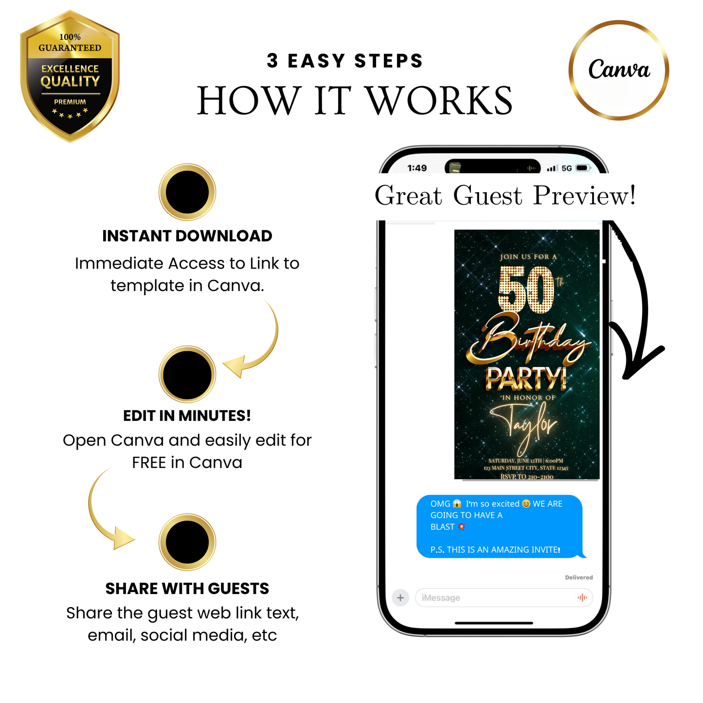 Editable emerald green gold glam 50th birthday video invitation displayed on a mobile phone, featuring an animated vertical digital invite with music, created in Canva. This premium video invitation template is designed for sharing by text, email, and social media and works with an interactive RSVP website for easy guest response tracking.