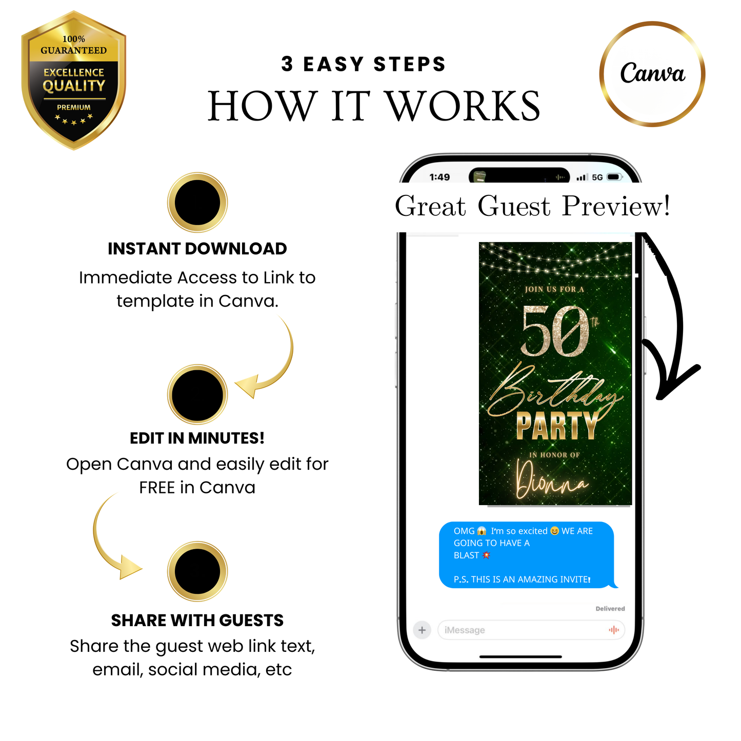 Editable emerald green sparkly 50th birthday video invitation displayed on a mobile phone, featuring an animated vertical digital invite with music, created in Canva. This premium video invitation template is designed for sharing by text, email, and social media and works with an interactive RSVP website for easy guest response tracking.