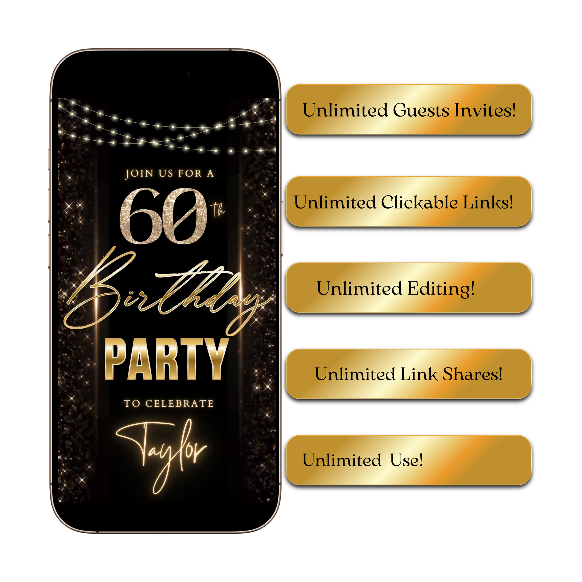 Editable black gold elegant 60th birthday birthday video invitation displayed on a mobile phone, featuring an animated vertical digital invite with music, created in Canva. This premium video invitation template is designed for sharing by text, email, and social media and works with an interactive RSVP website for easy guest response tracking.