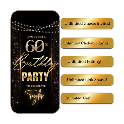 Editable black gold elegant 60th birthday birthday video invitation displayed on a mobile phone, featuring an animated vertical digital invite with music, created in Canva. This premium video invitation template is designed for sharing by text, email, and social media and works with an interactive RSVP website for easy guest response tracking.