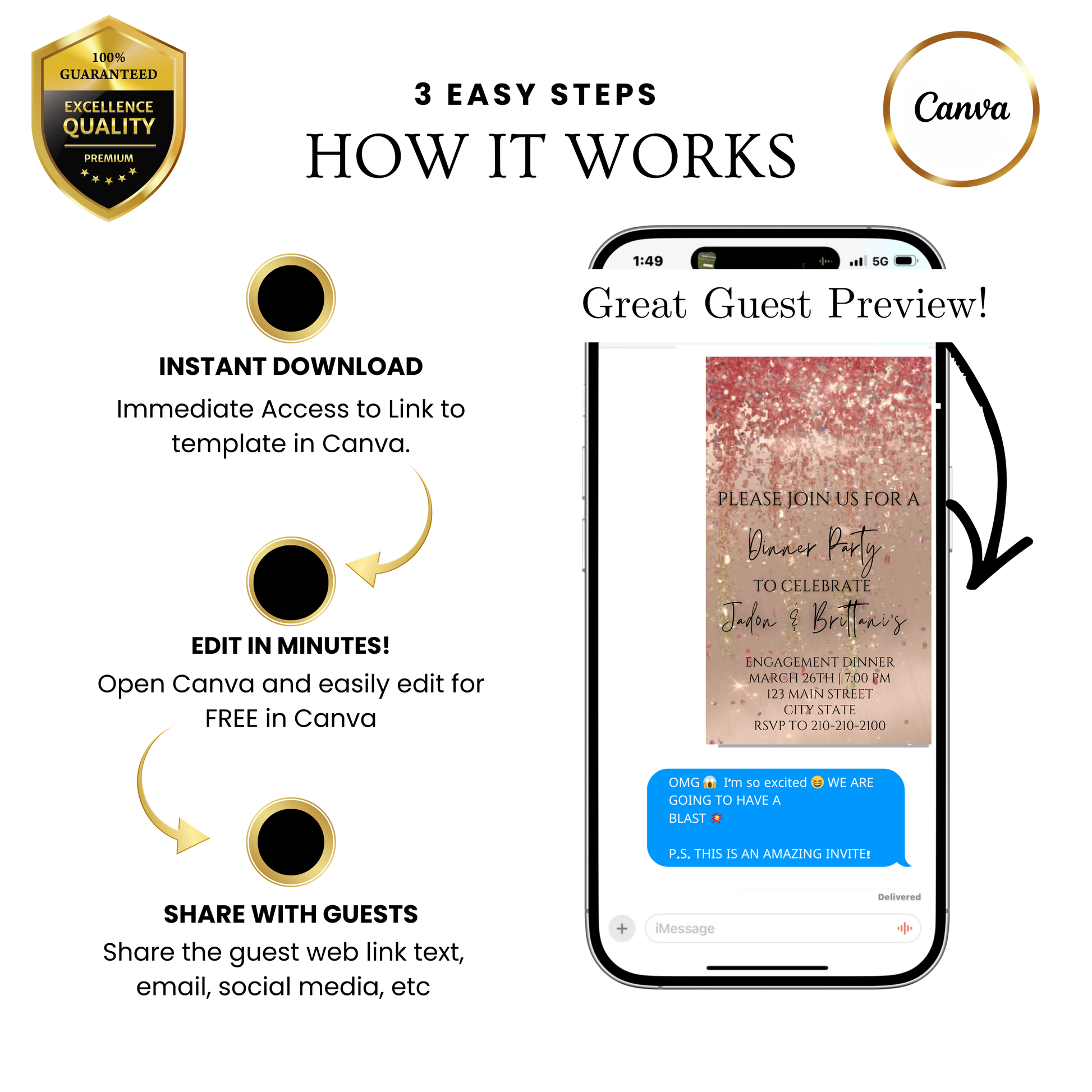 Editable rose gold watercolor glitter engagement dinner video invitation displayed on a mobile phone, featuring an animated vertical digital invite with music, created in Canva. This premium video invitation template is designed for sharing by text, email, and social media and works with an interactive RSVP website for easy guest response tracking.