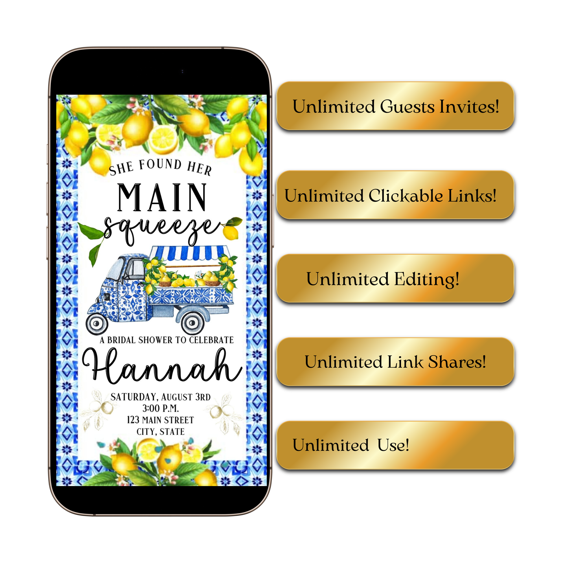 Editable amalfi lemon bridal shower bridal shower video invitation displayed on a mobile phone, featuring an animated vertical digital invite with music, created in Canva. This premium video invitation template is designed for sharing by text, email, and social media and works with an interactive RSVP website for easy guest response tracking.