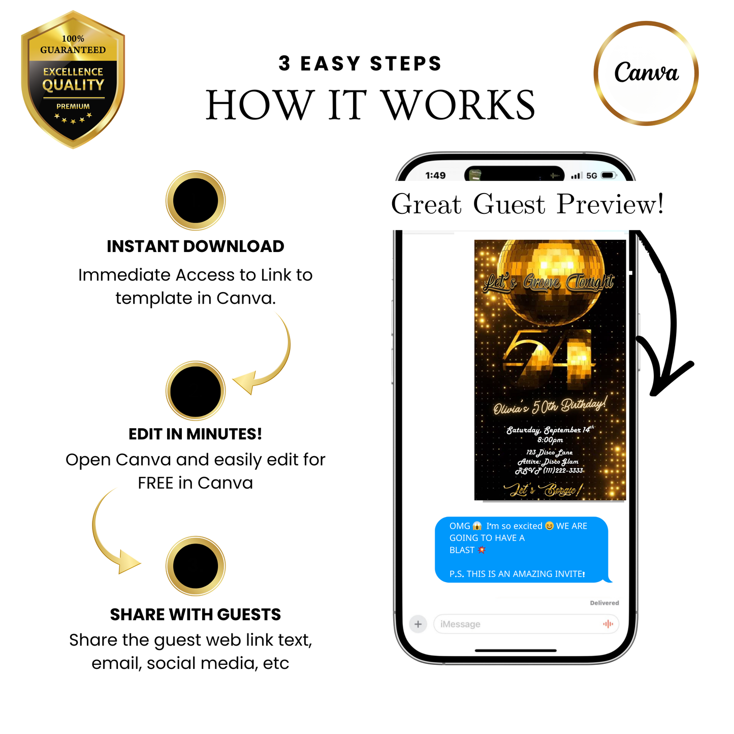 Editable gold disco 54th birthday video invitation displayed on a mobile phone, featuring an animated vertical digital invite with music, created in Canva. This premium video invitation template is designed for sharing by text, email, and social media and works with an interactive RSVP website for easy guest response tracking.